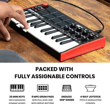 Akai Professional Mpk Mini Mk3 25 Key Usb Midi Keyboard Controller With 8 Backlit Drum Pads, 8 Knobs And Music Production Software Included, Mpkmini3