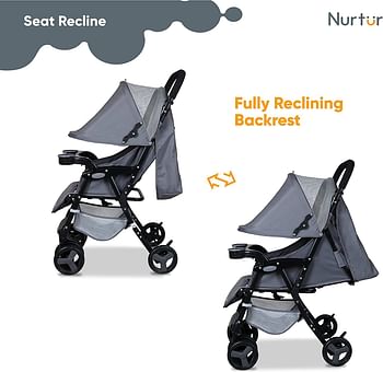 Nurtur Ryder Lightweight Baby Stroller Storage Basket, Detachable Food Tray, Adjustable Reclining Seat and Leg rest, 0 36 months, Grey Official Nurtur Product/Grey