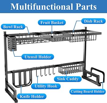 Over The Sink Dish Drying Rack, SNTD Width Adjustable（32"≤Sink Size ≤ 40"） Stainless Steel Kitchen Supplies Storage Counter Organizer, Black