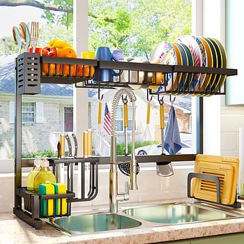 Over The Sink Dish Drying Rack, SNTD Width Adjustable（32"≤Sink Size ≤ 40"） Stainless Steel Kitchen Supplies Storage Counter Organizer, Black