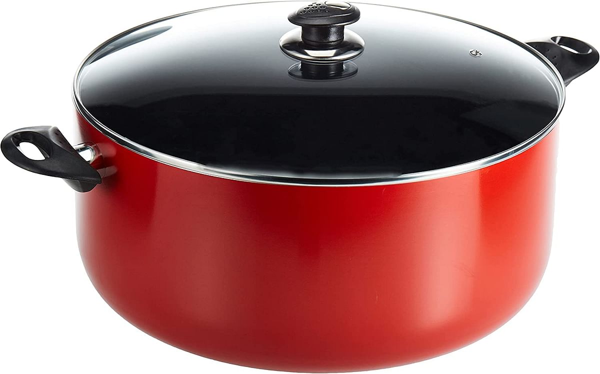 Royalford 36 c.m Aluminium Casserole with Glass Lid Portable Durable with Ergonomic Handle & 3 Layer Non Stick Coating, Compatible with Gas, Induction & Hot Plate, & Halogen, Multicolor, RF9909