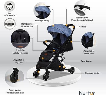 Nurtur Bravo Baby/Kids Travel Stroller 0 36 months, Storage Basket, Detachable Bumper, 5 Point Safety Harness, Compact Foldable Design, Grey