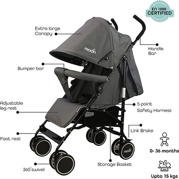 MOON Neo Plus Light Weight Travel Stroller/Pushchair for Baby/Kids/Toddler from 0 Months+(Upto 18 kg) |Umbrella Fold | Multi Position Reclining Seat | Storage Basket | Shoulder Strap -Mid Grey