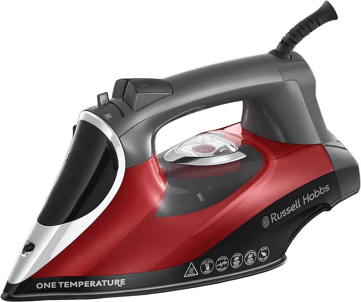 Russell Hobbs One Temperature Steam Iron 2600 W, Safe for All Fabrics Ironing & Steaming Including Abaya, Non-Stick Soleplate, Faster, Auto Shut Off, Portable, 2 Year Guarantee Red/Black-25090