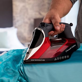 Russell Hobbs One Temperature Steam Iron 2600 W, Safe for All Fabrics Ironing & Steaming Including Abaya, Non-Stick Soleplate, Faster, Auto Shut Off, Portable, 2 Year Guarantee Red/Black-25090