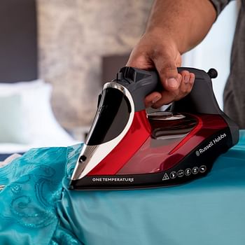 Russell Hobbs One Temperature Steam Iron 2600 W, Safe for All Fabrics Ironing & Steaming Including Abaya, Non-Stick Soleplate, Faster, Auto Shut Off, Portabl 25090 - Red, Black