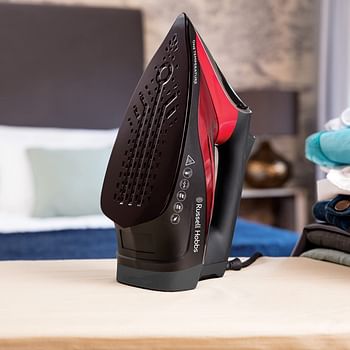 Russell Hobbs One Temperature Steam Iron 2600 W, Safe for All Fabrics Ironing & Steaming Including Abaya, Non-Stick Soleplate, Faster, Auto Shut Off, Portable, 2 Year Guarantee Red/Black-25090