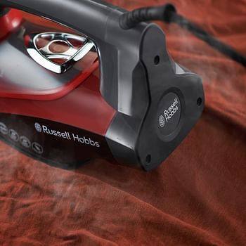 Russell Hobbs One Temperature Steam Iron 2600 W, Safe for All Fabrics Ironing & Steaming Including Abaya, Non-Stick Soleplate, Faster, Auto Shut Off, Portable, 2 Year Guarantee Red/Black-25090