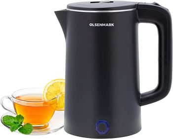 Olsenmark Electric Kettle, Stainless Steel Seamless Inner, Omk2475 1.8L Double Wall Kettle Cool Touch Body Auto-Shut Off, Boil Dry Protection 360 Rotational Base Power Indicator, Black