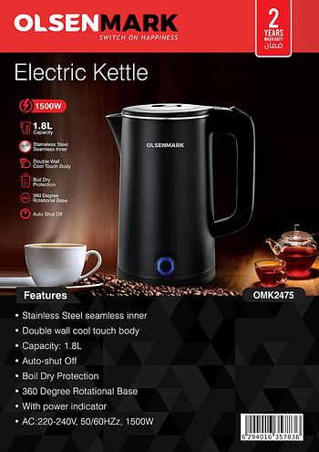 Olsenmark Electric Kettle, Stainless Steel Seamless Inner, Omk2475 1.8L Double Wall Kettle Cool Touch Body Auto-Shut Off, Boil Dry Protection 360 Rotational Base Power Indicator, Black