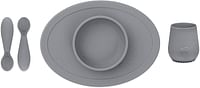 Ezpz Tiny Collection Set (Gray) - 100% Silicone Cup, Spoon & Bowl With Built-In Placemat For First Foods + Baby Led Weaning + Purees - Designed By A Pediatric Feeding Specialist - 4 Months+ Gray