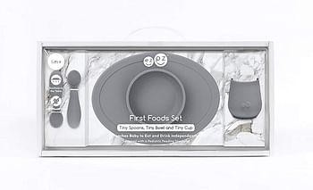 Ezpz Tiny Collection Set (Gray) - 100% Silicone Cup, Spoon & Bowl With Built-In Placemat For First Foods + Baby Led Weaning + Purees - Designed By A Pediatric Feeding Specialist - 4 Months+ Gray