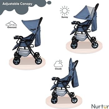 Nurtur Ryder Lightweight Baby Stroller Storage Basket, Detachable Food Tray, 5 point harness, Adjustable Canopy, Reclining Seat and Leg rest, 0 36 months, Dark Blue Official Nurtur Product, Multicolor