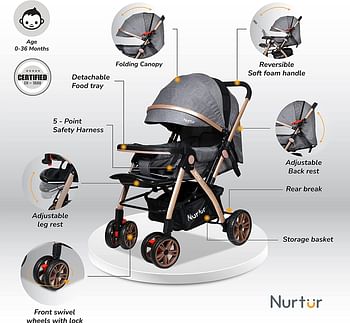 Nurtur Wilder Baby / Kids Travel Stroller 5 Point Safety Harness ، مسند ظهر قابل للتعديل ومظلة ، مقبض قابل للعكس ، منتج Nurtur الرسمي باللون الرمادي ، متعدد الألوان