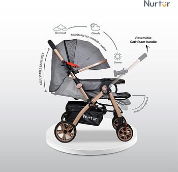 Nurtur Wilder Baby/Kids Travel Stroller 5 Point Safety Harness, Adjustable Backrest and Canopy, Reversible Handle, Grey Official Nurtur Product, Multicolor