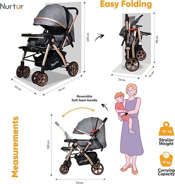 Nurtur Wilder Baby / Kids Travel Stroller 5 Point Safety Harness ، مسند ظهر قابل للتعديل ومظلة ، مقبض قابل للعكس ، منتج Nurtur الرسمي باللون الرمادي ، متعدد الألوان