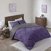 Comfort Spaces Vixie Reversible Comforter Set - Trendy Casual Geometric Quilted Cover, All Season Down Alternative Cozy Bedding, Matching Sham, Purple/Charcoal, King 3 piece