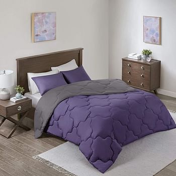 Comfort Spaces Vixie Reversible Comforter Set - Trendy Casual Geometric Quilted Cover, All Season Down Alternative Cozy Bedding, Matching Sham, Purple/Charcoal, Full/Queen 3 piece