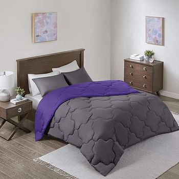 Comfort Spaces Vixie Comforter Set-Modern Geometric Quaterfoil Cloud Quilted Design All Season Down Alternative Bedding, Matching Shams, Full/Queen(90"x90"), Microfiler Reversible Black/Grey