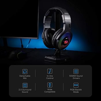 Redragon H350 Pandora RGB Wired Gaming Headset, Dynamic RGB Backlight - Stereo Surround-Sound - 50MM Drivers - Detachable Microphone, Over-Ear Headphones Works for PC/PS4/XBOX One/NS