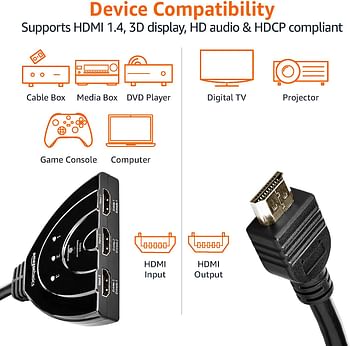 3 Port HDMI Switch With Pigtail Cable Supports Full HD 4K Video, 3 In 1 Out Black One Size
