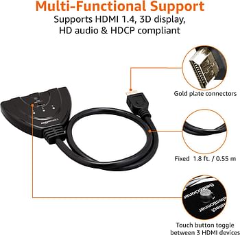 3 Port HDMI Switch With Pigtail Cable Supports Full HD 4K Video, 3 In 1 Out Black One Size