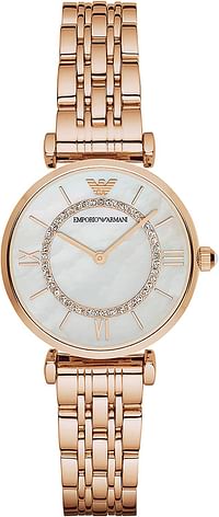 Emporio Armani Womens Quartz Watch, 32mm, Analog Display and Stainless Steel Strap AR1909, Mother of Pearl/Rose Gold