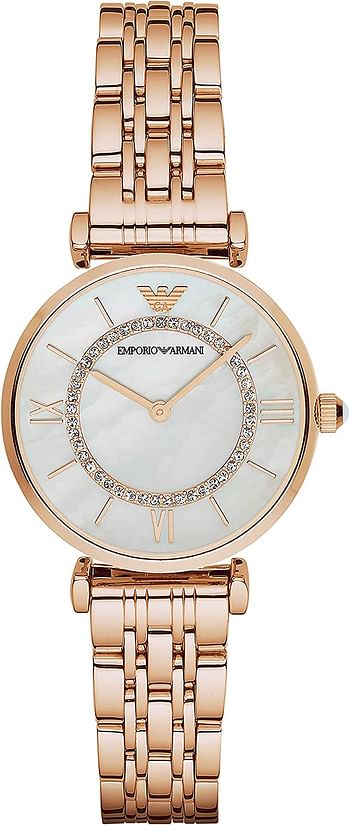 Emporio Armani Womens Quartz Watch, 32mm, Analog Display and Stainless Steel Strap AR1909, Mother of Pearl/Rose Gold