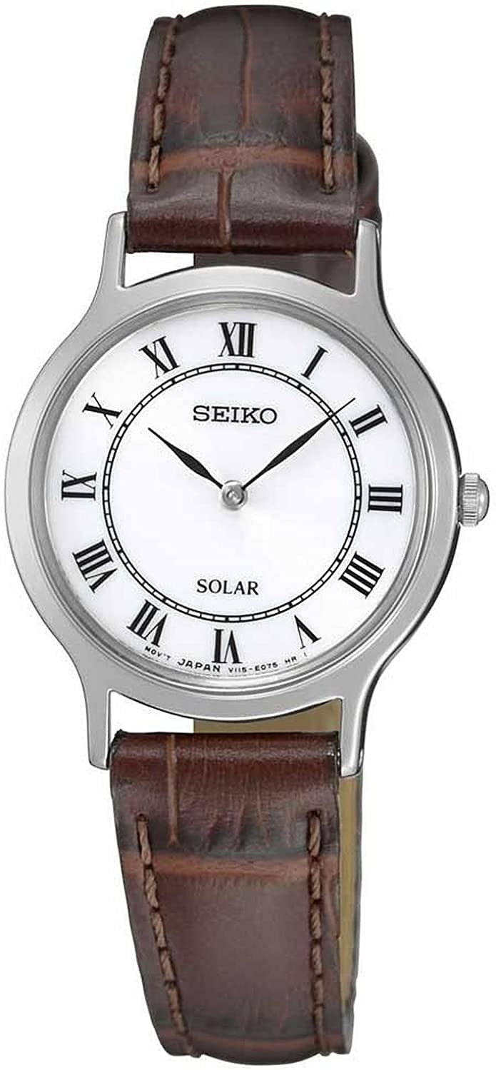 Seiko Ladies Solar Powered Watch SUP303P1 Brown Band & White Dial, 26 millimeters