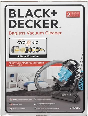 Black+Decker Multi-Cyclonic Bagless Corded Canister Vacuum Cleaner With 6 Stage Filtration, 2000 W Max Power, 2.5 L, 21 Kpa Suction Power, Blue - Vm2080-B5