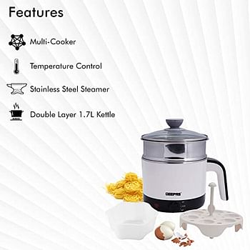 Geepas Gk38026 1000W Multifunctional 1.7 L Double Layer Kettle - 3-In-1 Cordless Kettle, Steamer And Egg Boiler - Boil Dry Protection, 2 Speed Heating - Ideal For Steaming Vegetables Boiling Eggs