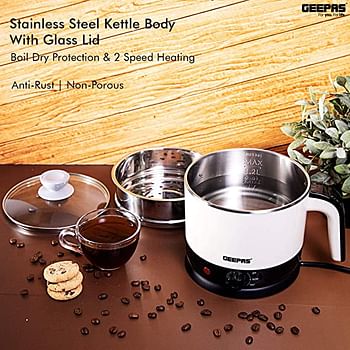 Geepas Gk38026 1000W Multifunctional 1.7 L Double Layer Kettle - 3-In-1 Cordless Kettle, Steamer And Egg Boiler - Boil Dry Protection, 2 Speed Heating - Ideal For Steaming Vegetables Boiling Eggs