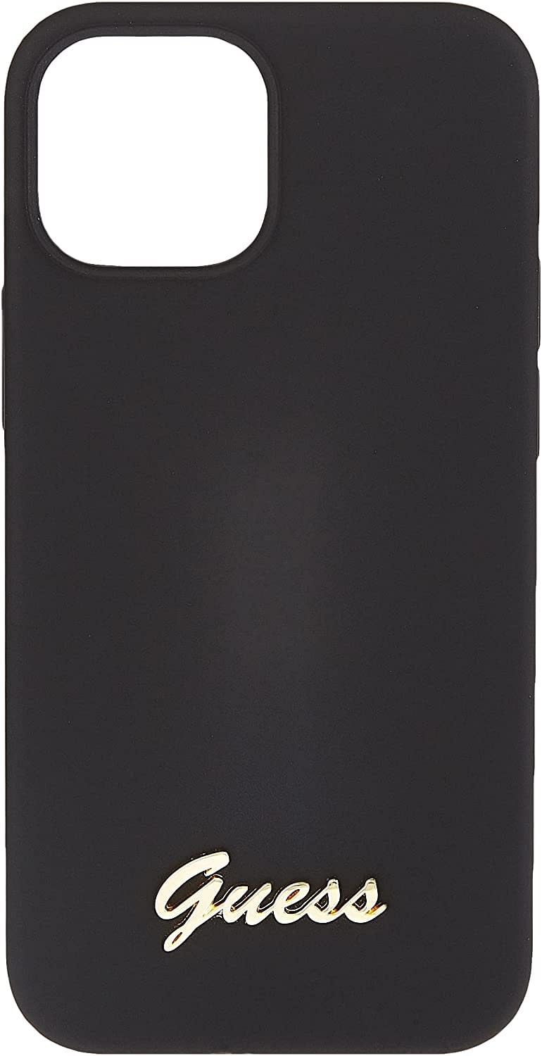 Guess Liquid Silicone Case With Gold Metal Logo Script For Iphone 13 Mini (5.4 Inches) - Black