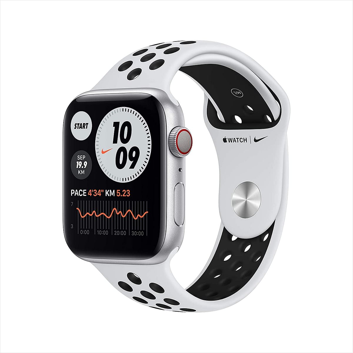 Apple Watch Series 6 + Nike  (44mm, GPS + Cellular) Silver Aluminium Case with Nike Sport Band Pure Platinum/Black