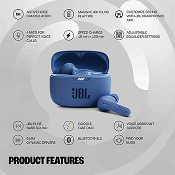 JBL Tune 230NCTWS True Wireless Noise Cancelling Earbuds, Pure Bass Sound, ANC + Smart Ambient, 4 Microphones, 40H of Battery, Water Resistant, Sweatproof, Comfortable Fit  JBLT230NCTWSBLU - Blue