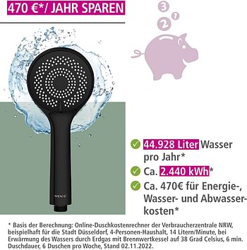 WENKO, Water Saving Hand-Held Shower Head, ABS, Multiple Jet Options, Universal Connection and Fit, Eco-Friendly & Relaxing Spray, 9.5x9.5cm, Black