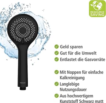 WENKO, Water Saving Hand-Held Shower Head, ABS, Multiple Jet Options, Universal Connection and Fit, Eco-Friendly & Relaxing Spray, 9.5x9.5cm, Black