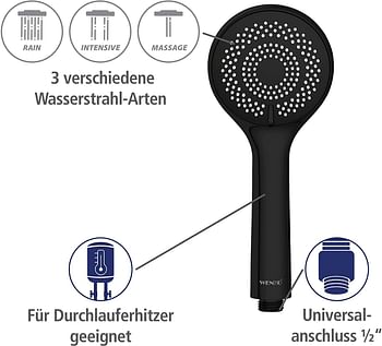 WENKO, Water Saving Hand-Held Shower Head, ABS, Multiple Jet Options, Universal Connection and Fit, Eco-Friendly & Relaxing Spray, 9.5x9.5cm, Black