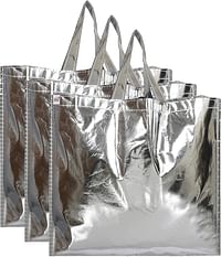 Fun Homes Reusable Small Size Grocery Bag Shopping Bag with Handle, Non-woven Gift Bag Goodies Bag Silver Tote Bag-Pack of 3 (Silver)