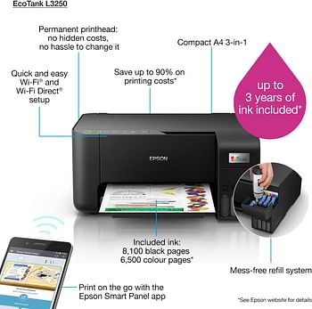 Epson EcoTank L3250 Home ink tank printer A4 colour 3-in-1 printer with WiFi and SmartPanel App connectivity Compact - Black