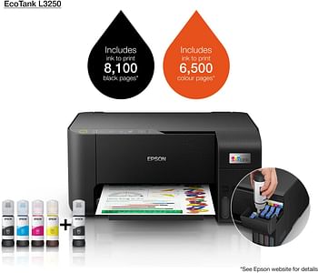 Epson EcoTank L3250 Home ink tank printer A4 colour 3-in-1 printer with WiFi and SmartPanel App connectivity Compact - Black