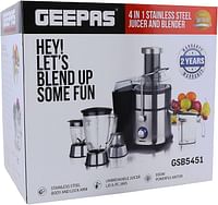 Geepas GSB5451 4-in-1 Juicer & Blender - Compact Electric Blender Juicer Chopper & Grinder 2-Speed Pulse Function for Ice Crusher