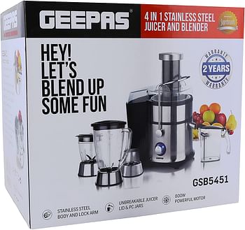 Geepas GSB5451 4-in-1 Juicer & Blender - Compact Electric Blender Juicer Chopper & Grinder 2-Speed Pulse Function for Ice Crusher