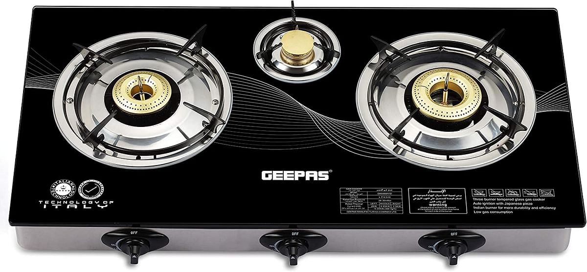 Geepas Triple Gas Burner with Tempered Glass - Auto-Ignition, Thick Pan Support & Comfortable Knobs | GK6880| Low Gas Consumption | Perfect for All Types of Kitchen