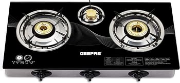 Geepas Triple Gas Burner with Tempered Glass - Auto-Ignition, Thick Pan Support & Comfortable Knobs | GK6880| Low Gas Consumption | Perfect for All Types of Kitchen