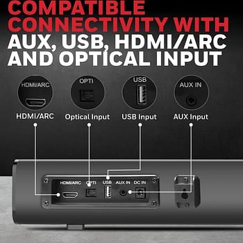 Honeywell Suono P1000 30W Wireless Bluetooth V5.0 Soundbar with built-in amplifier, Deep Bass, Premium 2.0 Channel Sound, 52mm*2 Drivers, Multiple Connectivity via Audio jack, USB, optical & HDMI/ARC