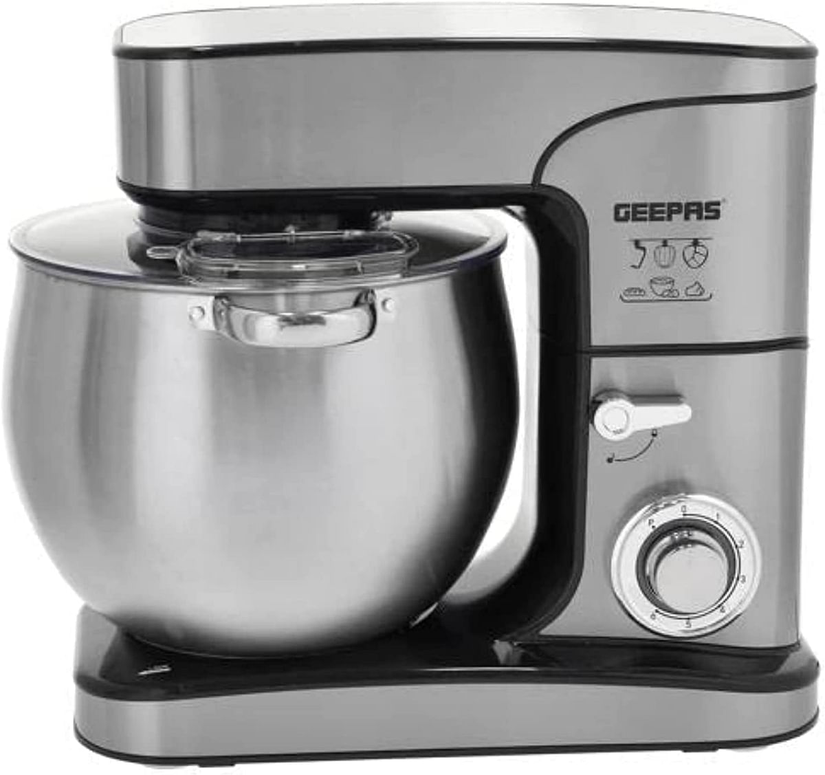 Geepas Kitchen Machine, 6 Level Mixing Speed Control, GSM43042 12L Stainless Steel Bowl with Handles LED Power Indicator 6 Speed with Pulse 2000W Powerful Motor, Silver