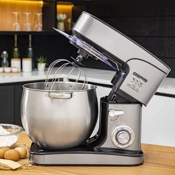 Geepas Kitchen Machine, 6 Level Mixing Speed Control, GSM43042 12L Stainless Steel Bowl with Handles LED Power Indicator 6 Speed with Pulse 2000W Powerful Motor, Silver