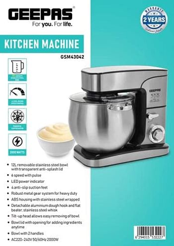 Geepas Kitchen Machine, 6 Level Mixing Speed Control, GSM43042 12L Stainless Steel Bowl with Handles LED Power Indicator 6 Speed with Pulse 2000W Powerful Motor, Silver