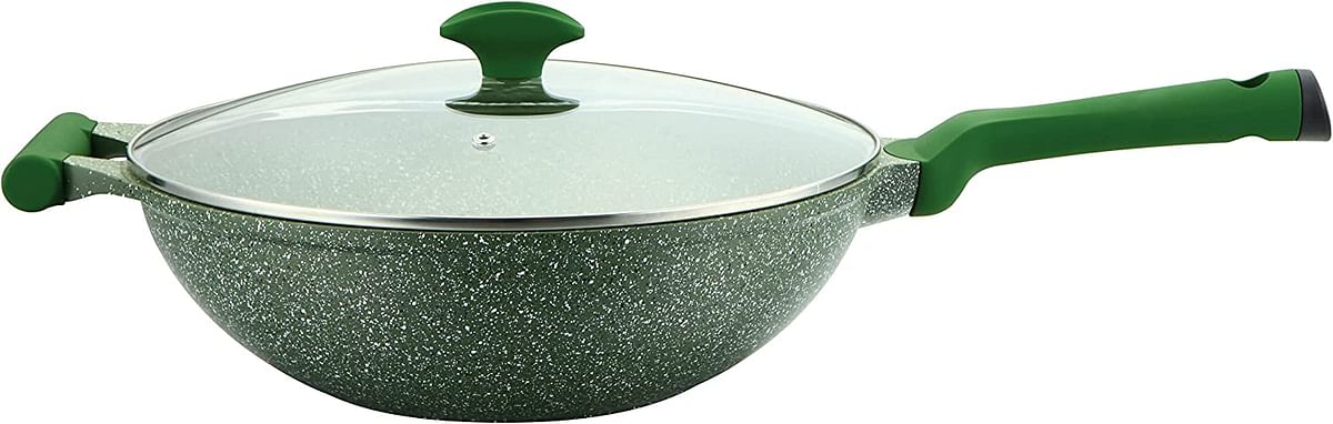 Prestige Essentials Granite Non-Stick WOK Pan with Lid Cast Aluminium Cookware | Induction Base | Non Stick Aluminium | Granite Wok Pan | Marble WOK Pan | PFOA & Lead Free - Green, 32cm